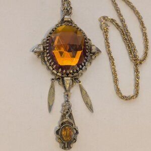 Vtg. Antique Edwardian Czech Style Amber Cabochon Statement Pendant Necklace